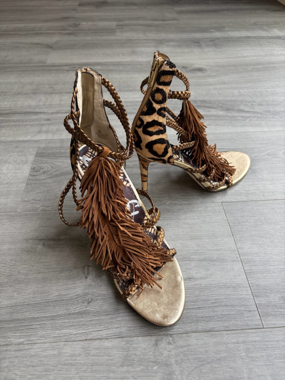 NWOT Sam Edelman Cheetah Print Fringe Heels Size 8M | Boho Glam Y2K Statement